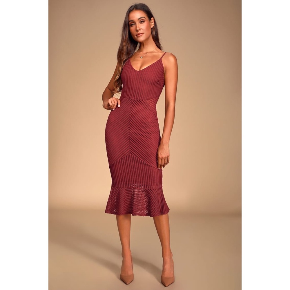 Lulus Dress Your Year Ribbed Bodycon Trumpet Midi Burgundy M
